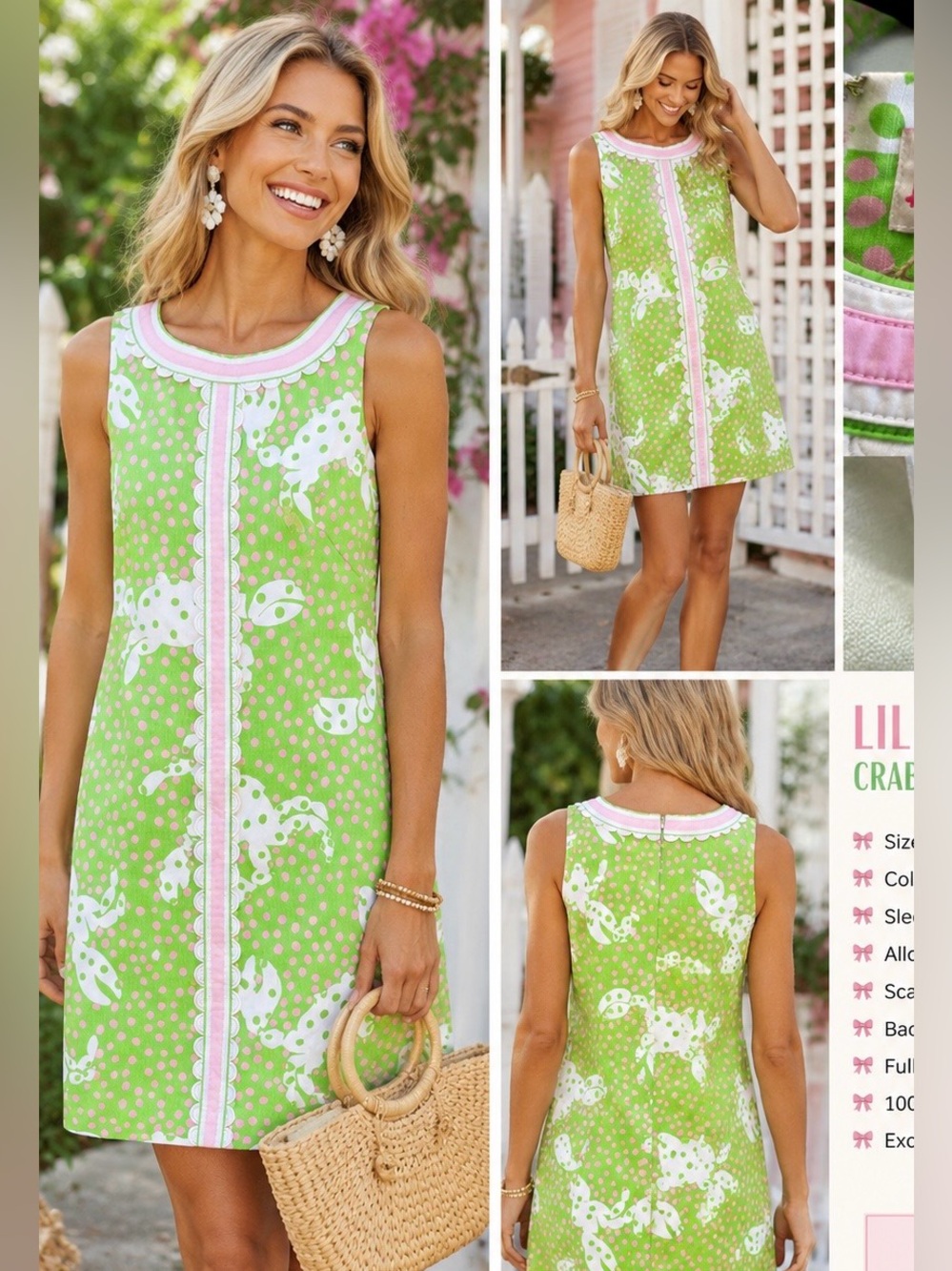 Lilly Pulitzer Green & Pink Crab Print Shift Dress Size 8